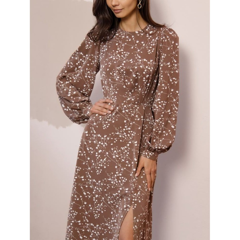 Lichi Floral Long Sleeve Midi Dress Cottagecore Brown XS Balloon Sleeve Slit